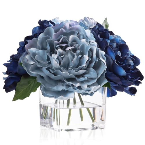Artificial Peonies Flowers Arrangements in Cube Glass Vase, WELLKNOWN Silk Flower Centerpieces for Dining Room Table, Coff...