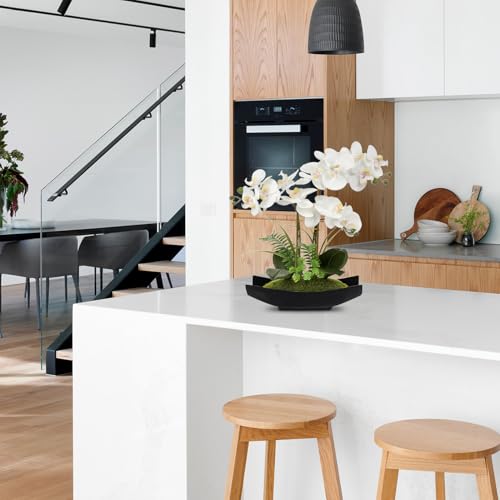 Briful Orchid Artificial Flowers 15in White Fake Orchid Silk Flowers with Black Pot Faux Phalaenopsis Arrangement for Home...