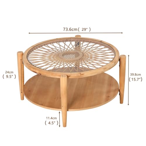 RUSTOWN Rattan Coffee Tables,2-Tier Round Boho Cocktail Tables, Mid Century Modern Coffee Table with Rattan & Tempered Gla...