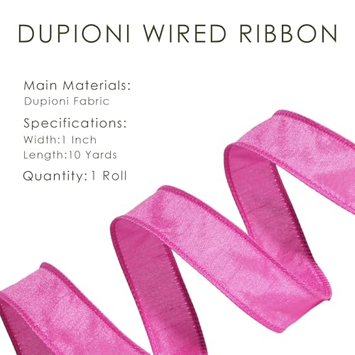 LaRibbons Hot Pink Ribbon Wired 1 Inch x 10 Yards Dupioni Spring Valentine's Day Ribbon with Wired Edge for Gift Wrapping,...