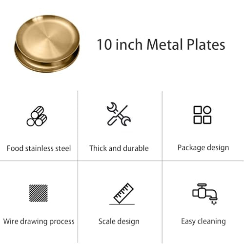 WANBY Stainless Steel Plates Gold Metal Dinner Plates Unbreakable Dinner Dishes Set for Kitchen Home Camping Outdoor Party...