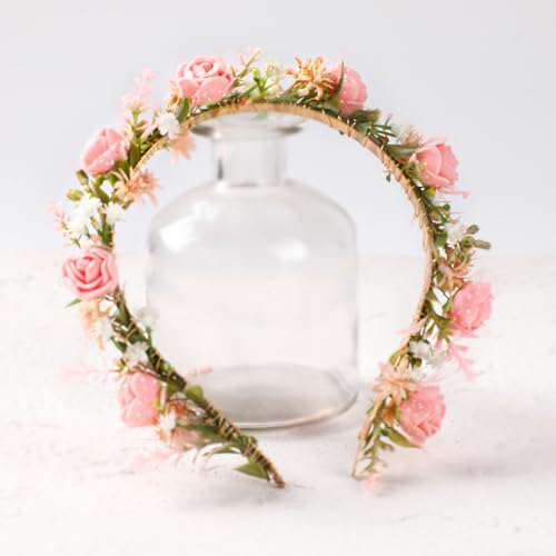 KorViSHOW Women's Pink Flower Headband - Girl Flower Headpiece Romantic Bohemian Lace Foam Headband for Wedding Decoration...