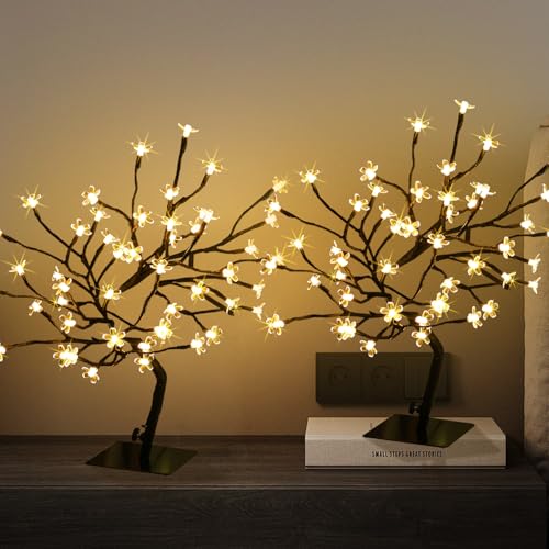 JoyHue 2PK Cherry Blossom Tree Lights,Artificial Bonsai Tree with 48 Warm White Led Lights, 16.2 Inch Prelit Cherry Blosso...