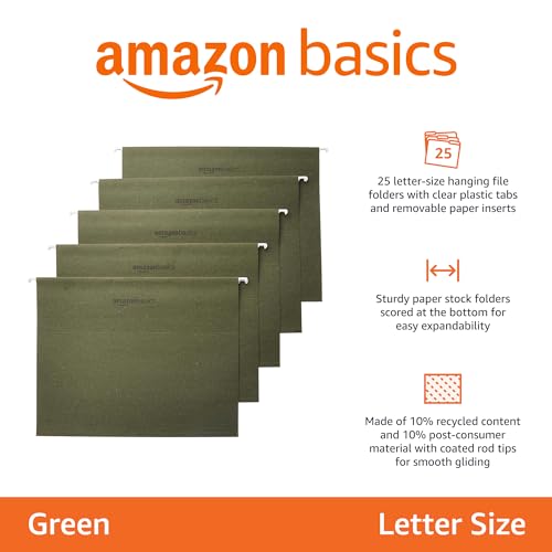 Amazon Basics Hanging Organizer File Folders for Efficient Filing, Sturdy, Adjustable Tabs, Letter Size, Pack of 25, Green