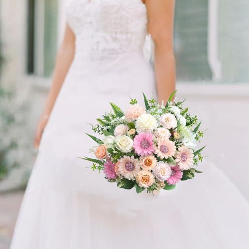 Luabue 8pcs Fake Peonies Pink Flowers Artificial Mixed Sunflowers White Roses 13 Inch Silk Flower Arrangements for Wedding...