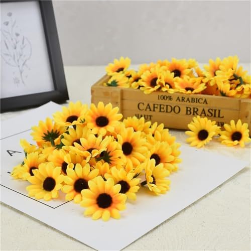 100 Pcs Artificial Sunflower Heads, Yellow Artificial Flower Heads Mini Fake Sunflower Decorative Fabric Flowers Craft Flo...