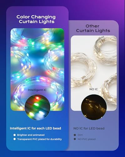 Brightown 400 RGBIC LED Smart Curtain Fairy Lights, 6.6x6.6ft Dynamic Color Changing Christmas String Lights with Remote, ...