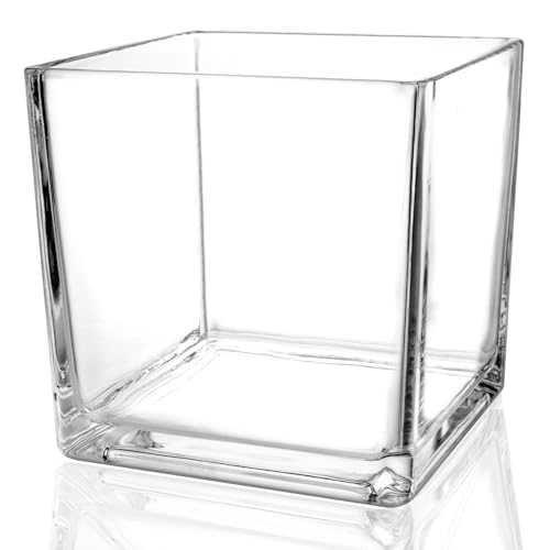 Comrzor 1 Pack Square Glass Vase 5" x 5" x 5", Clear Flower Vase for Centerpieces, Candle Holder for Wedding Party Events,...