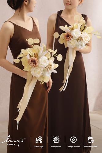 Ling's moment Artificial Bridesmaid Bouquets Set of 4,Boho Wedding Flower Bouquets White Beige Floral Bouquet Ivory Brides...