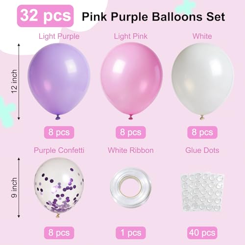 Danadia 32PCS Pink Balloons Set, 12 Inch Purple Pink White Latex Balloons with 9 Inch Purple Confetti Balloons for Girls' ...