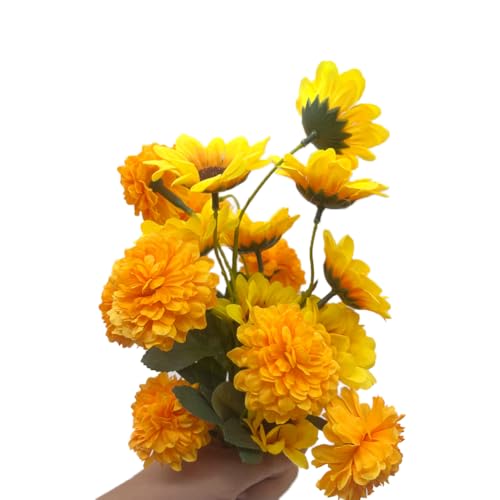 Aliotech 2 Bunches Yellow Sunflowers Artificial Flowers and 2 Bunches Artificial Marigold Flowers Chrysanthemum for Home D...