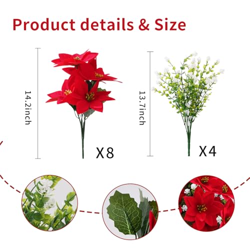 MATBAR Christmas Artificial Flowers for Outdoors Red Poinsettia Flowers Artificial 12 Bundles Mixed UV Resistant Faux Flow...