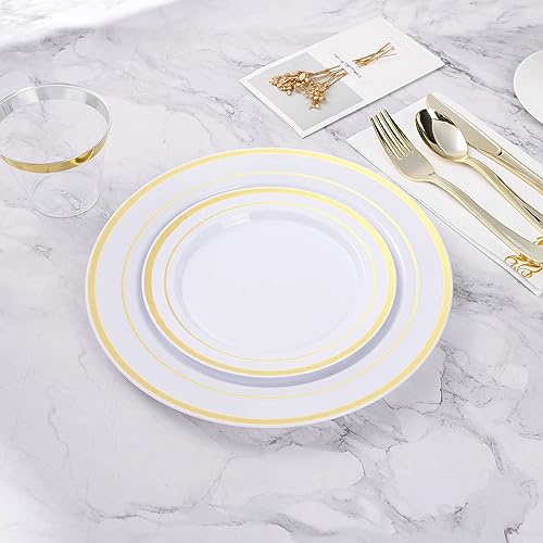 BESTVIP 200PCS Gold Plastic Plate, Disposable Party Plates with 100 Dinner Plates and 100 Dessert Plates, Plastic Plates f...