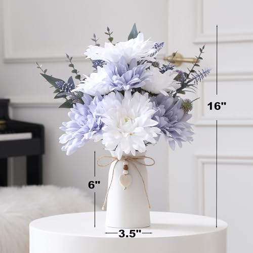 16" Artificial Flowers with Eucalyptus Stems and Greenery, Faux Dahlia Flower Arrangement in White Ceramic Vase with Heart...