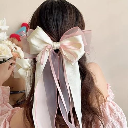 FRUZJAY Large Hair Bows Clips for Women Pink White Hair Bows Elegant Long Tail Bowknot Hairpins Spring Summer Hair Barrett...