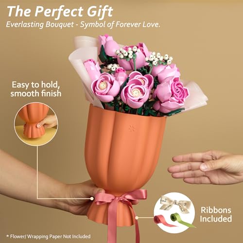 Bouquet Vase for Lego & Crafted Flowers - Flower Arrangement Vase with Floral Grid & Ribbons, Impact Resistant, BPA-Free A...