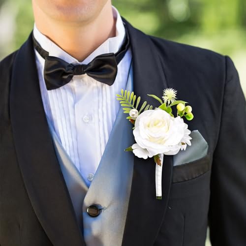 Flasunire 6-Pack White Silk Rose Boutonniere with Pearls for Groom and Groomsmen, Realistic Artificial Flower Lapel Pin fo...