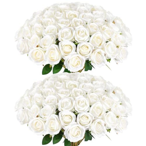 Rowfad 60 Pcs Artificial Roses Bulk Velvet Silk White Roses White Roses for Wedding Centerpieces Bridal Bouquet Mohter's D...