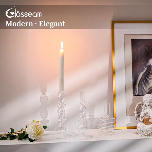 Glasseam Glass Candle Stick Holder: Clear Taper Candle Holders Set of 3, Modern Candlestick Holders for Taper Candles, Dec...