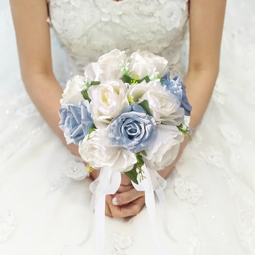 Qeedy Wedding Bouquets for Bride & Bridesmaid - Realistic Silk Flowers Artificial Roses, 8 Inch Bridesmaid Bouquet for Cer...