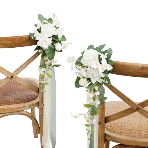 Ling's moment 8pcs Wedding Artificial Aisle Pew Flowers Chair Decorations White & Sage Green Arrangements with Chiffon Rib...