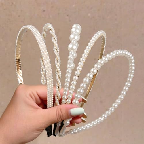 WOVOWOVO 5 Pcs Pearl Headbands for Women Non Slip White Pearl Hairbands Fashion Bridal Headband for Wedding Party Pearls H...