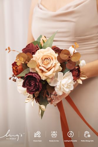 Ling's moment Terracotta Artificial Wedding Flower Bouquets for Bridesmaids Burnt Orange Floral Bouquet Rust Bridal Bouque...