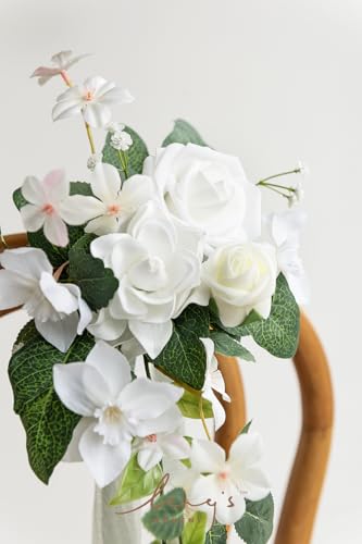 Ling's moment 8pcs Wedding Artificial Aisle Pew Flowers Chair Decorations White & Sage Green Arrangements with Chiffon Rib...