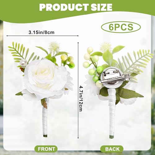 Flasunire 6-Pack White Silk Rose Boutonniere with Pearls for Groom and Groomsmen, Realistic Artificial Flower Lapel Pin fo...