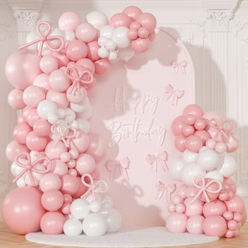 Coquette Birthday Decorations 145 Pcs Pink and White Balloon Garland Arch Kit Include Light Pink White Bow Balloons Differ...