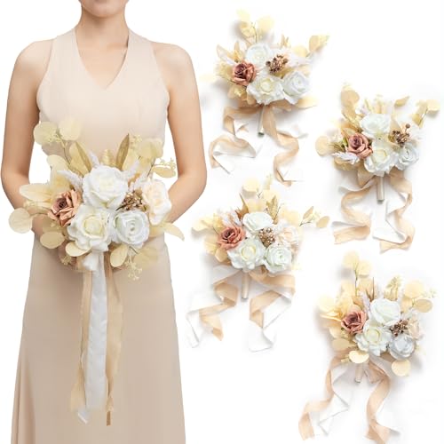 Ling's moment Artificial Bridesmaid Bouquets Set of 4,Boho Wedding Flower Bouquets White Beige Floral Bouquet Ivory Brides...