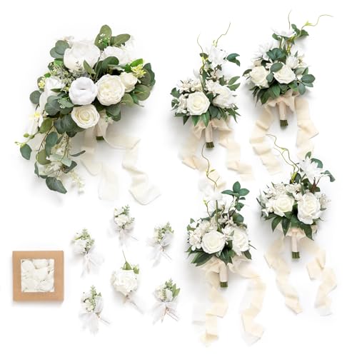 Ling's moment Wedding Artificial Flowers Package, Bridal Bouquet, Bridesmaid Bouquets, Boutonniere for Men, Rose Petals.Wh...