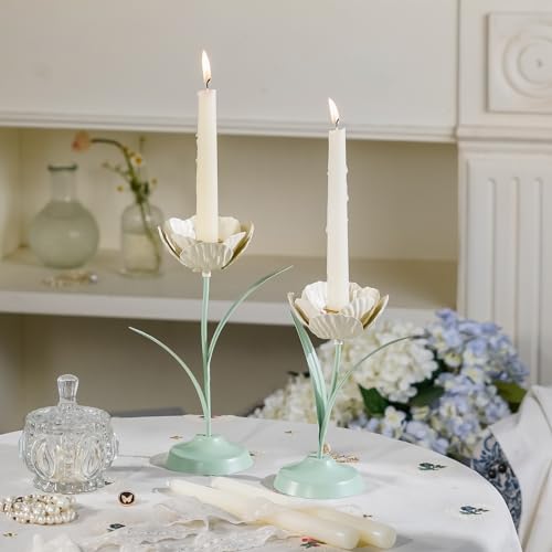 NIKKY HOME Tulip Taper Candle Holders Set of 2, Vintage Elegant Flower Shaped Metal Candlestick for Table Centerpieces, We...