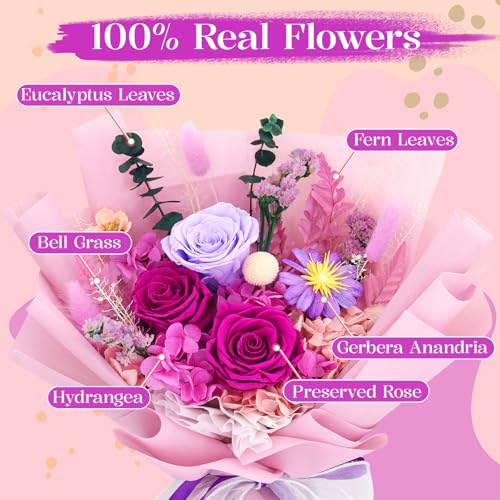 jabeick Preserved Flowers for Delivery, Purple Flowers Fresh Bouquet with Gift Box, Forever Eternal Rose for Her Mom Wife ...