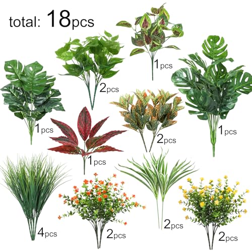 Ouddy Decor 18 Pcs Artificial Plants Outdoor, Fake Boxwood Plants UV Resistant Artificial Flowers Greenery Stems Faux Shru...