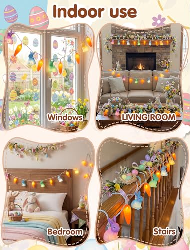 Pallerina Easter Bunny Carrot String Lights, 8.5Ft Plug in Fairy Lights with 10 LED Rabbit and Carrot Lights, Cute Spring ...