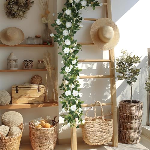 ZIFTY 5Pcs 32.5FT White Flower Garland Fake Vines Faux Artificial Floral Garland for Wedding Decortions Hanging Rose Ivy f...