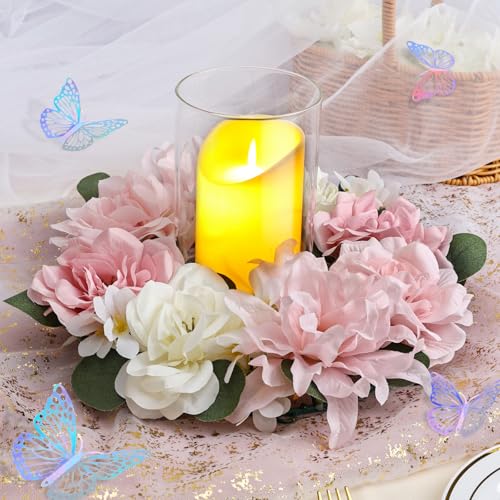 DIYDOFUN Artificial Flower Candle Rings - 6 Inch Inner Rose Floral Wreaths with Butterflies for Wedding Bridal Event Table...