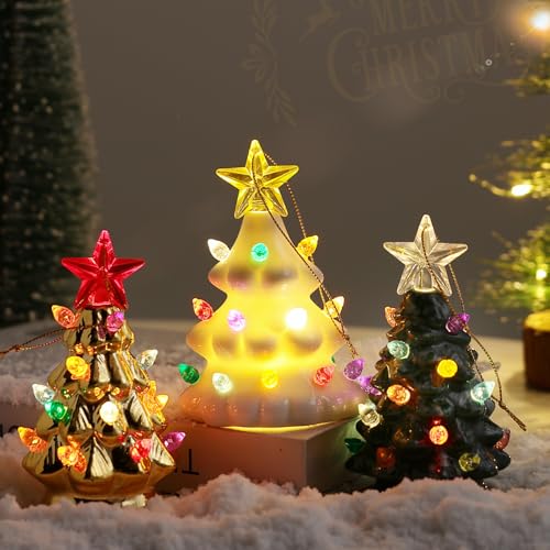 B SEPOR Set of 3 Mini 4.5" Inch Nostalgic LED Ceramic Christmas Tree with Lights Xmas Tree That Light Up Hanging Ornaments...