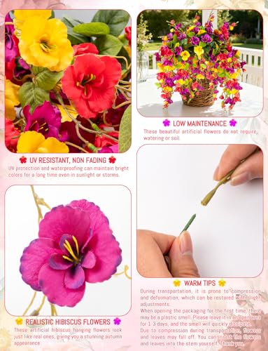 2 Pcs Fake Hibiscus Artificial Hanging Flowers, Mixed Colorful Silk Hibiscus Trailing Vines Spring Summer Long Red Yellow ...