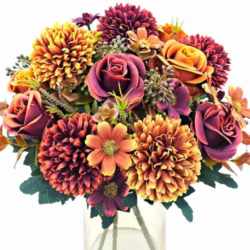 Guagb 3 Pcs Fall Flowers Artificial Mums Silk Chrysanthemum Rose Daisy Bouquet Fake Mum Faux Floral Arrangements Home Indo...