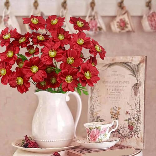 GhuaH 5 Pcs Artificial Flowers with Stems Faux Daisy Flowers Bouquet Red Gardenia Silk Flowers for Home Decor Indoor Vase ...