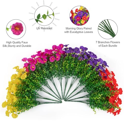 Ouddy Decor 24 Bundles Artificial Flowers for Outdoors Decoration Fake Silk Morning Glory Flowers Faux Eucalyptus Plants U...