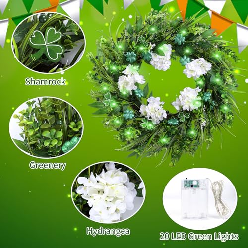 22" St. Patrick’s Day Wreath for Front Door, Green Shamrock & White Hydrangea Artificial Wreaths with LED Lights, Spring H...