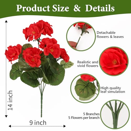 NESCCI 8 Pack Artificial Geranium Flowers for Outdoors UV Resistant Artificial Flowers Silk Geranium Fake Flowers Faux Flo...