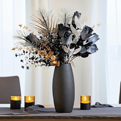 Luxurious Black and Gold Artificial Rose Bouquet, 17-Inch Metallic Eucalyptus Leaves and Faux Silk Flowers, Suitable for D...