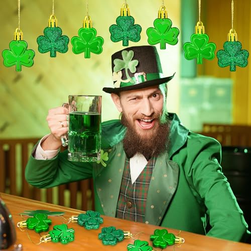 24 PCS St Patricks Day Decorations, Shamrocks Tree Ornaments, 3 Styles Good Luck Clover Hanging Baubles for Tree, Shamrock...