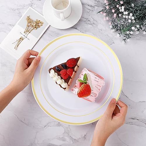 BESTVIP 200PCS Gold Plastic Plate, Disposable Party Plates with 100 Dinner Plates and 100 Dessert Plates, Plastic Plates f...