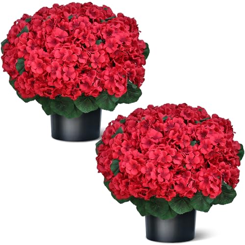 Juxdp 18" Artificial Geraniums Topiary - 2 Set for Front Porch Decor,Faux Silk Flowers Bushes UV Resistant Potted Plants f...