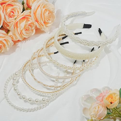 VASTRISE 8 Pcs Pearl Headbands for Women Non-Slip Shining White Faux Pearls Hairband Hair Accessories Hair Hoop Headband